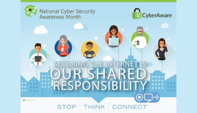 Cybersecurity infographic with illustrated characters using various forms of electronic devices